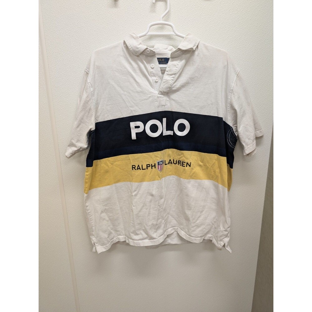 Polo Ralph Lauren 3XLT Tall Rugby Shirt Big Logo White Yellow Heavy Cotton Vents
